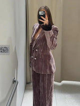 Women’s Chic Velvet Feather Patchwork Suit – Elegant Lapel Blazer & Wide Leg Pants 2-Piece Set