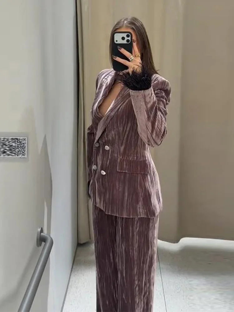 Women’s Chic Velvet Feather Patchwork Suit – Elegant Lapel Blazer & Wide Leg Pants 2-Piece Set