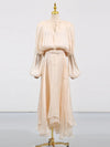 Women’s Elegant Spliced Fold Dress – Solid Loose Patchwork Midi, Round Neck Long Sleeve Lace-Up Dress