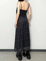 Gothic Bohemian Printed Dress | Vintage Grunge Printed Black Y2K Long Dress