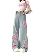 Damen Harajuku Y2K Baggy Jeans | Ästhetische Jeanshose mit Schmetterlings-Print