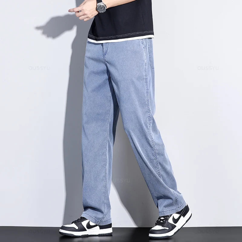 Men’s Soft Lyocell Summer Jeans – Elastic Waist Loose Straight Denim