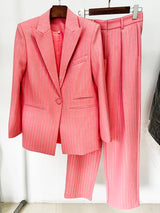 Women’s High-End Designer Suit Set – Single Button Blazer with Diamond Shape Striping & High Waist Pants