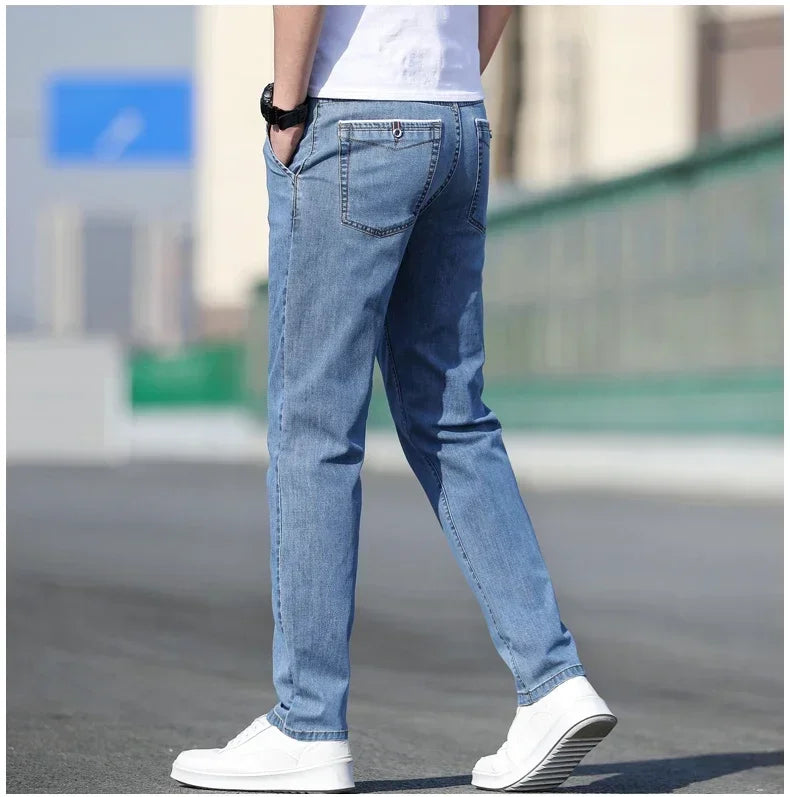 Men’s Summer Loose Stretch Gray & Light Blue Straight-Leg Denim Jeans
