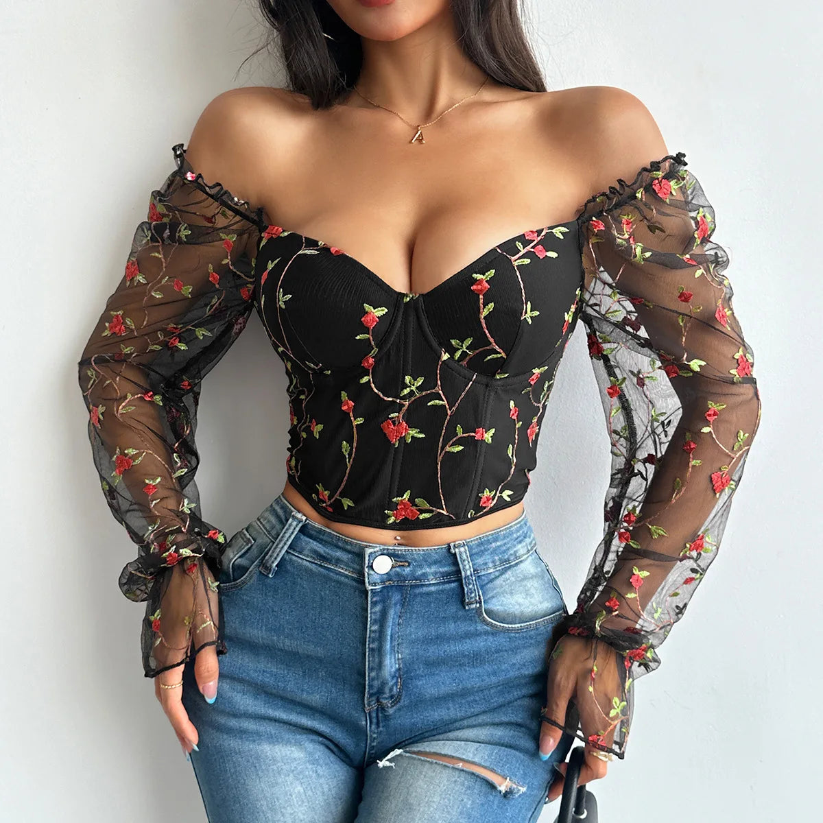 Women’s Sexy Mesh Long Sleeve Corset | Flower Embroidered Fishbone Bustier