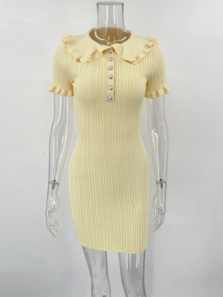 Damen High-Waist Mini-Kleid mit Rüschen – Vintage Kurzarm Strickkleid Slim Fit