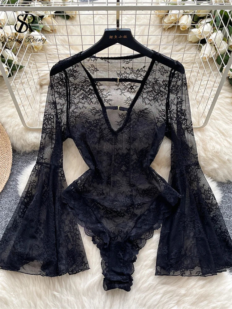 Sexy Deep V-Neck Lace Playsuit Long Flare Sleeve Hollow Out Open Crotch Bodysuit Romper
