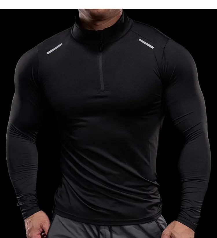 Herren Langarm-Stehkragen-Trainingsshirt mit halbem Reißverschluss