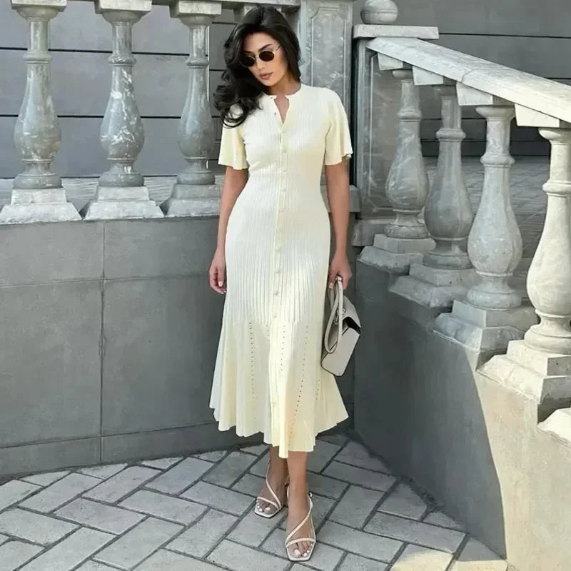 Women’s Chic Patchwork Knitted Maxi Dress – Elegant Short Sleeve Hollow Out Ribbed Long Dress