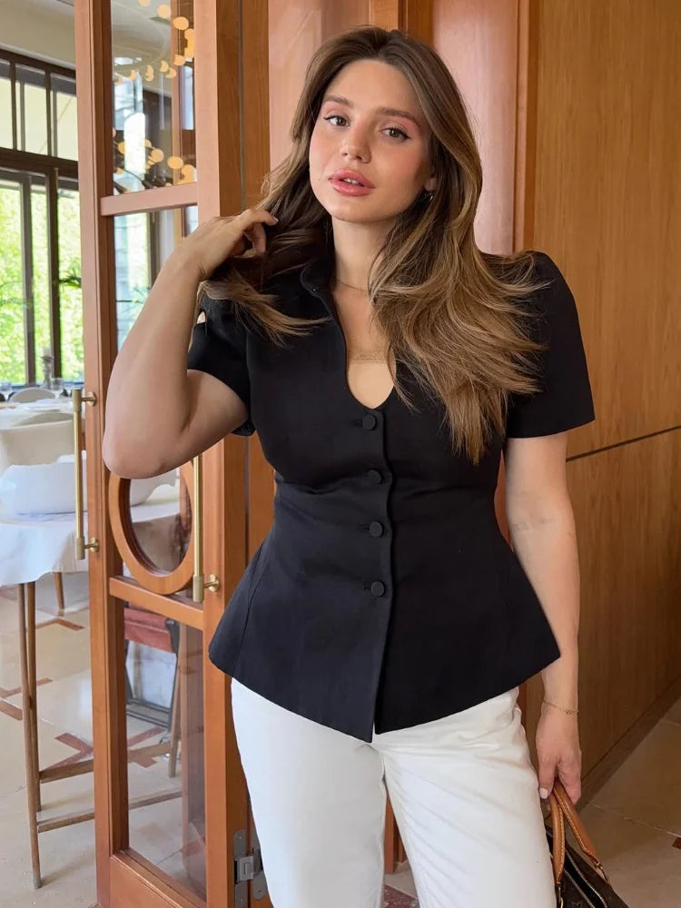 Women’s Stand Collar Short Puff Sleeve Blazer Shirt – Solid Black Single Breasted Blouse