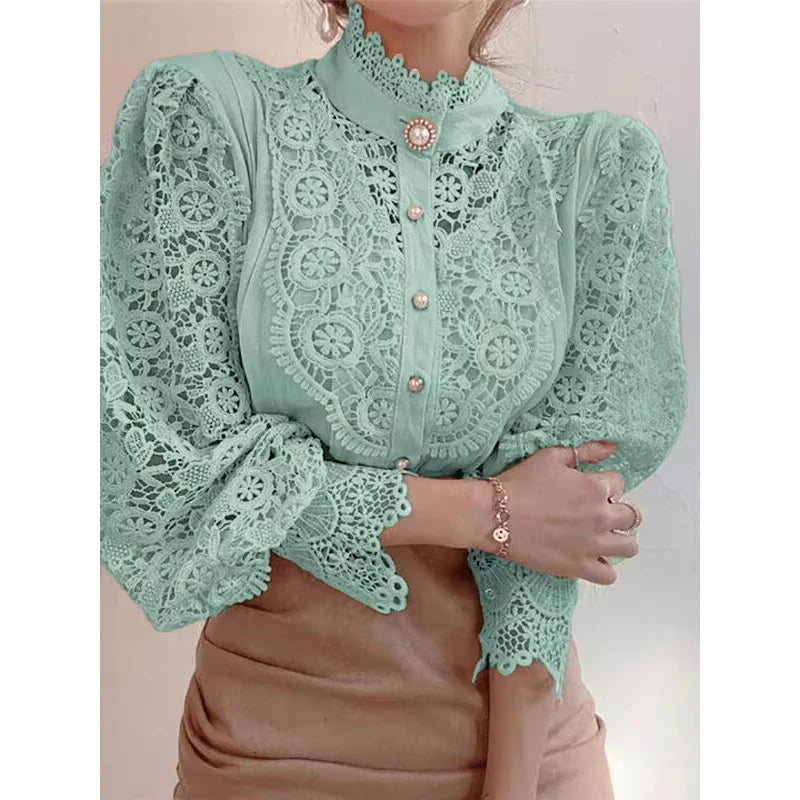 Women’s High Neck Long Sleeve Lace Blouse | Elegant Hollow Paneled Sleeve Top
