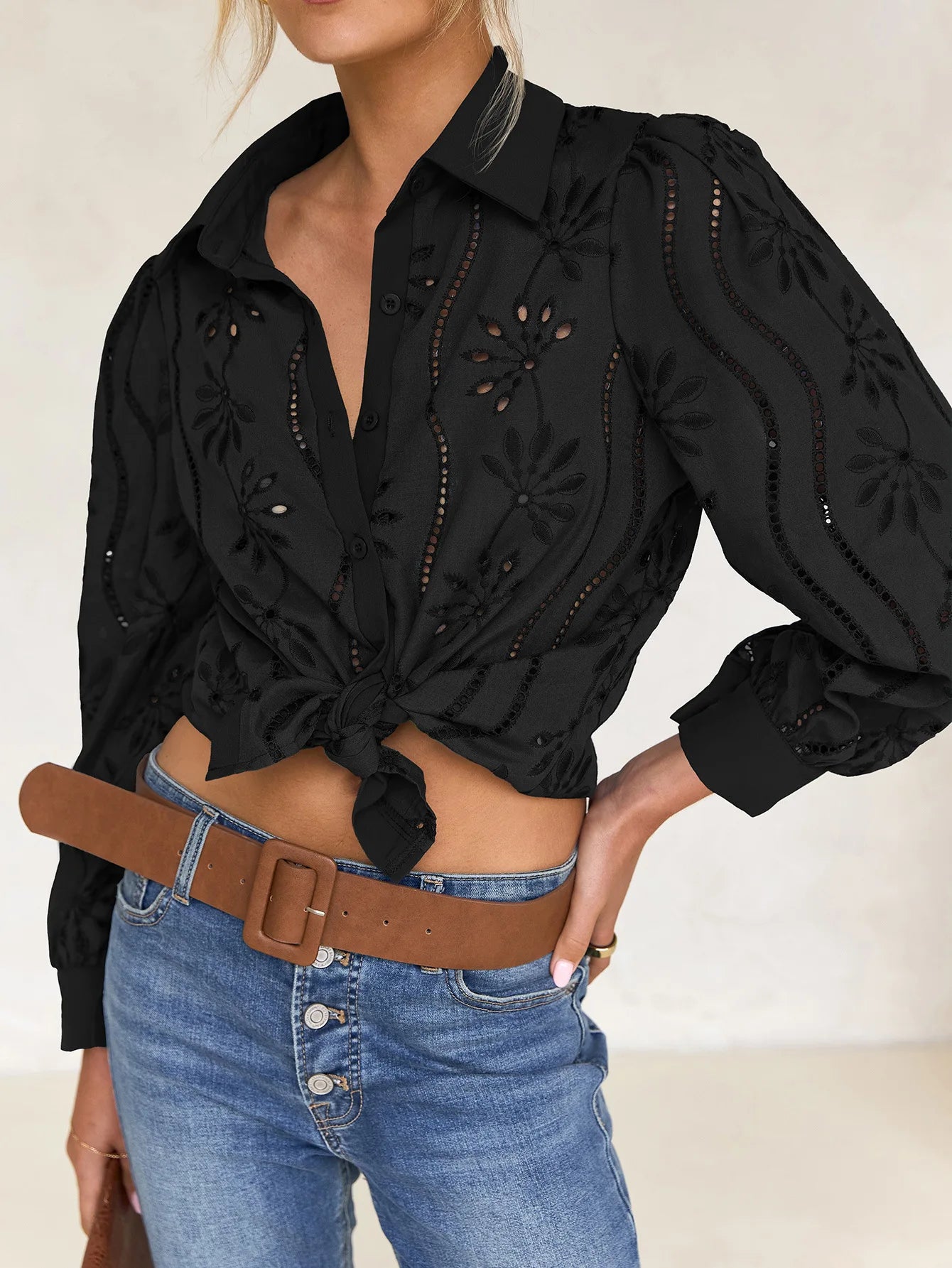Women’s Hollow-Out Puff Sleeve Blouse – Casual Loose Solid Shirt