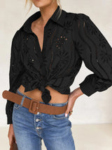 Women’s Hollow-Out Puff Sleeve Blouse – Casual Loose Solid Shirt