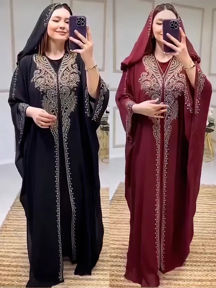 Muslimische Kleider für Frauen – Kapuzenabaya 2-teiliges Set – Diamant-Jalabija-Partykleid