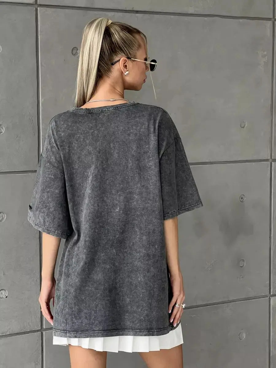 Damen Oversized Washed Cotton Top mit auffälligem Leopardenprint