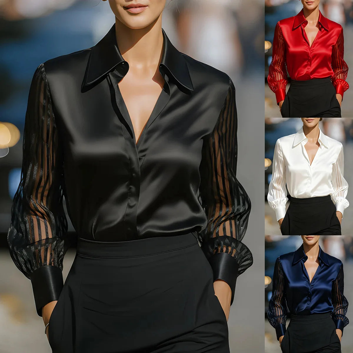 The "Satin Stripe" Patchwork Shirt | Elegant Hollow Detail Office Long Sleeve Blouse