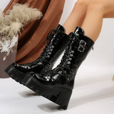 Women’s Solid Black Platform Wedge Mid-Calf Boots
