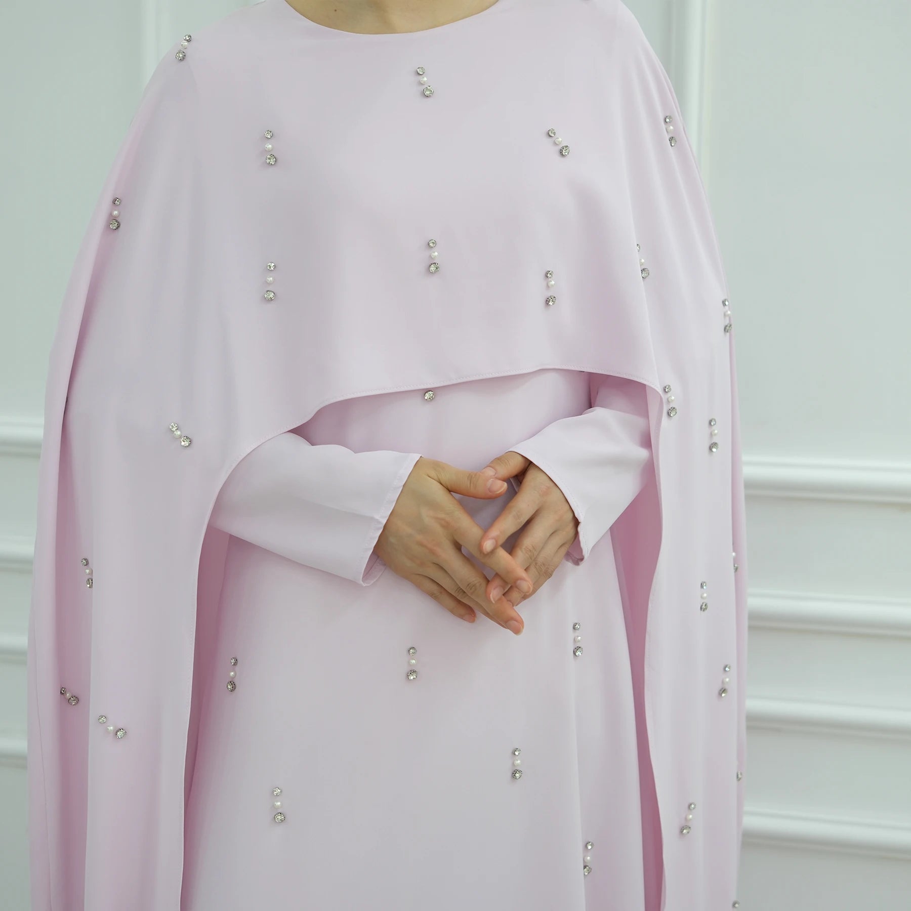 Women’s Cape Abaya Pearl Diamond Embellished – Luxury Caftan Shawl Modest Muslim Dress