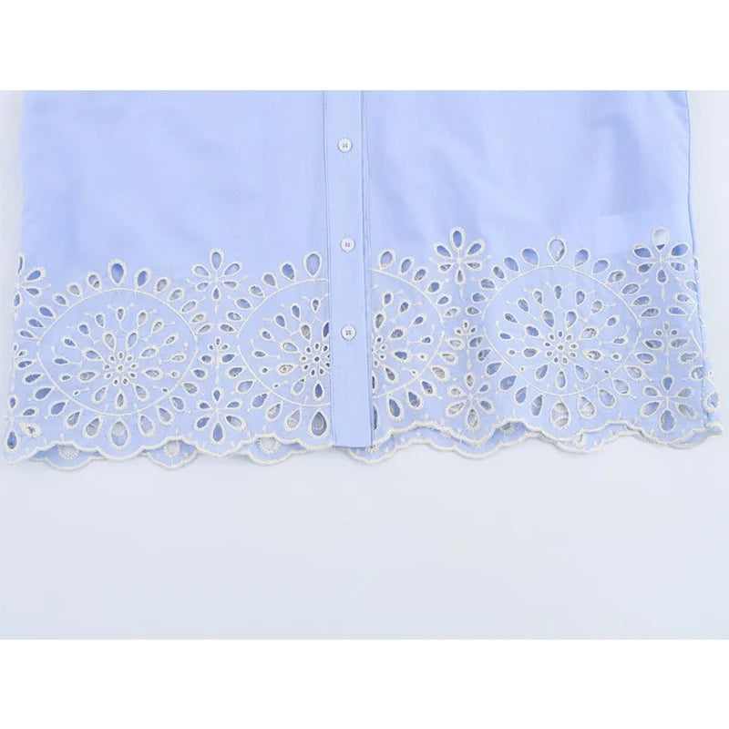 Women’s Blue Embroidery Hollow Out Shirt | Front Button Lapel Collar Blouse