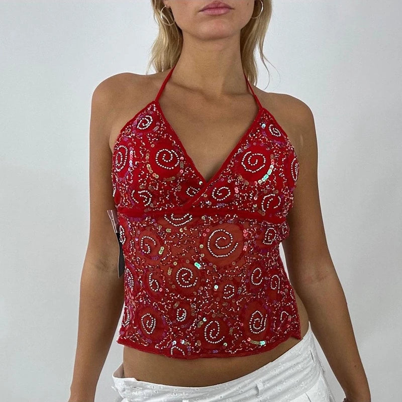 Y2K Pailletten-Cami-Top für Damen – Ärmelloses Tanktop mit Perlen und Strasssteinen