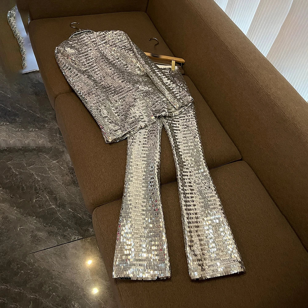 Silver Sequin 2-Piece Set for Women – Elegant Lapel Long Sleeve Top & High Waist Pants