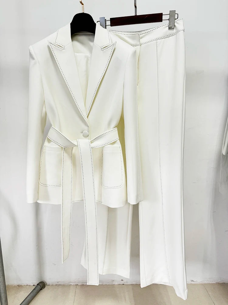 Designer Contrast Stitching Suit Set | Women’s Belted Blazer & Tailored Pants