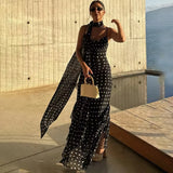 Elegantes, langes Polka-Dot-Kleid für Damen – luxuriöses Halter-Kleid mit Schalband