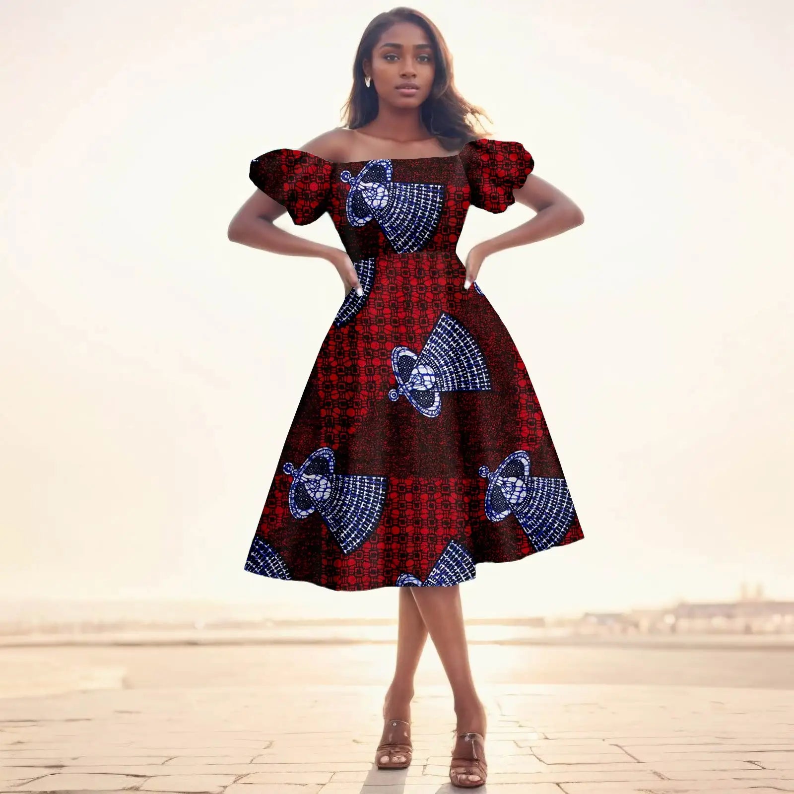 Afrikanisches Ankara-Print Midikleid für Damen | Kurzärmliges Kleid mit hoher Taille