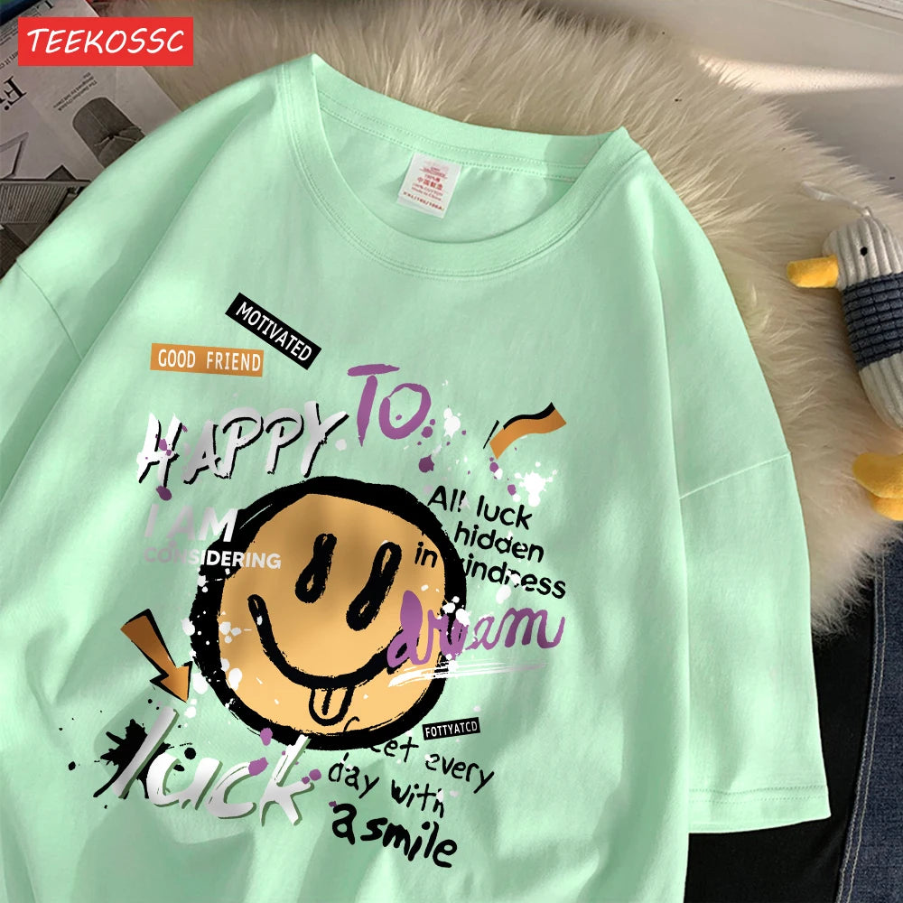 Cute Smiling Face Graffiti T-Shirt - Women's Fun Graphic Cotton Tee