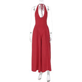 Women’s Sexy Backless Deep V-Neck Maxi Dress – Spliced Halter Sleeveless Dress