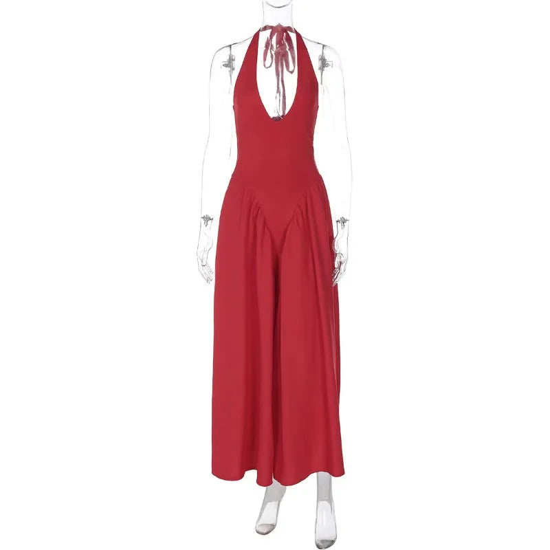 Women’s Sexy Backless Deep V-Neck Maxi Dress – Spliced Halter Sleeveless Dress