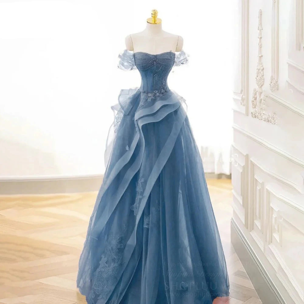Herzausschnitt Tüll Abschlussballkleid | Mehrstufiges plissiertes Applikations-Celebrity-Kleid