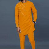 African Single Breasted Shirt with Chain Detail and Pants Men’s 2-Piece Bazin Riche Set