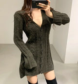 Damen Zopfstrick-Sweaterkleid – Langärmliges Mini-Kleid mit Knopfleiste
