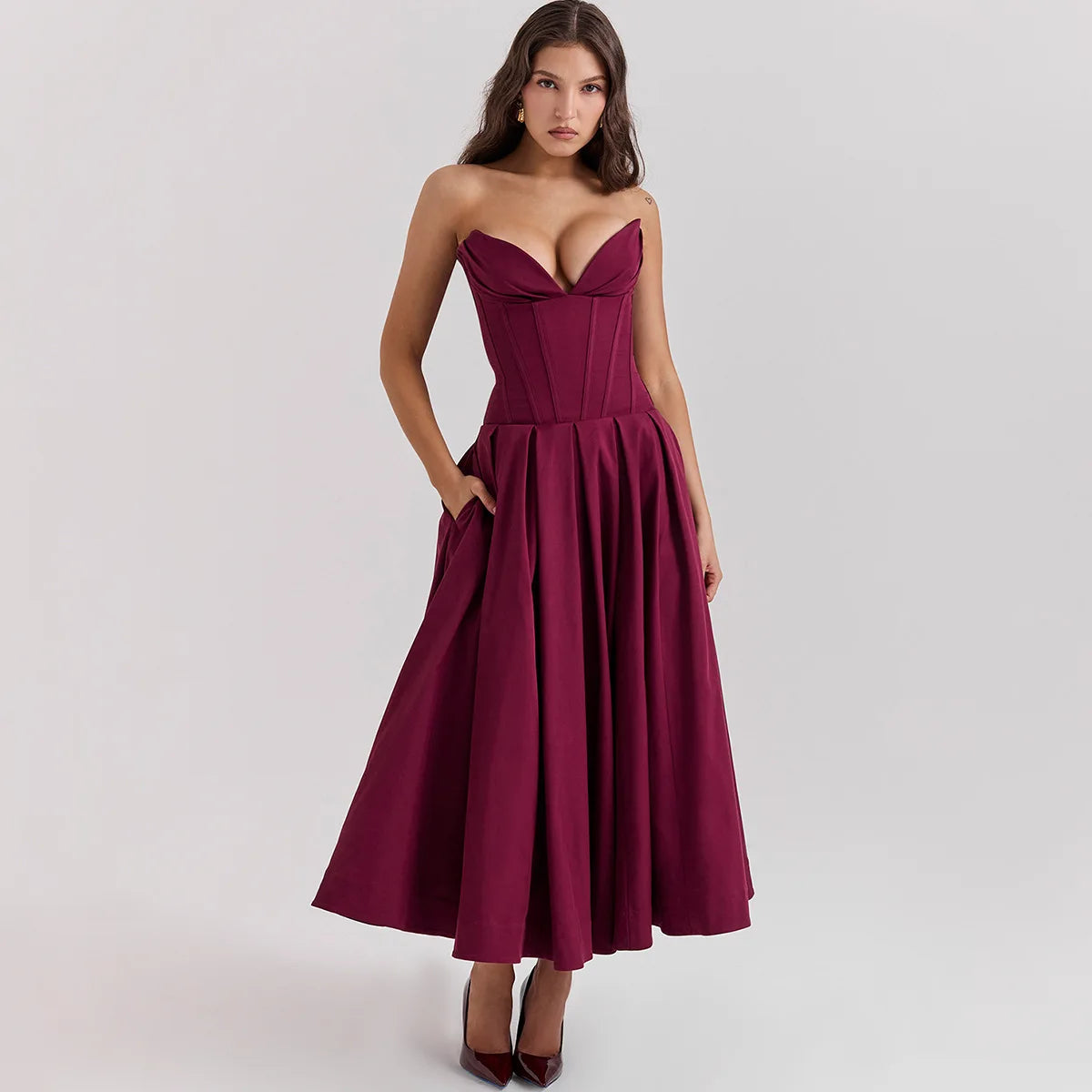 Women's Elegant Wine Red Corset Maxi Dress