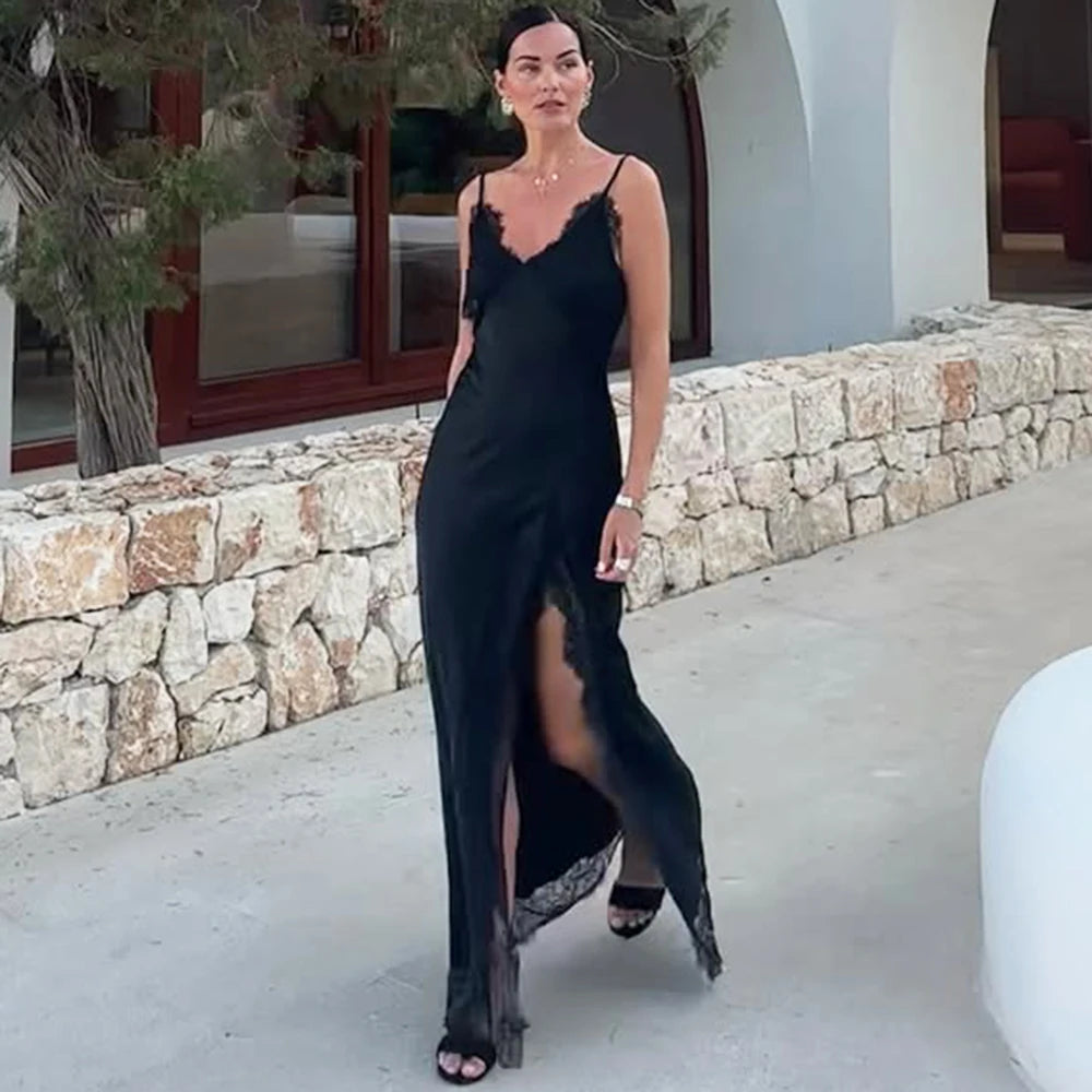 Women’s Sexy Lace Long Dress – Sleeveless Backless Slit Evening Gown