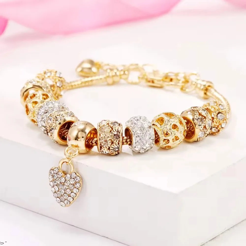 Kristallherz-Charm-Armband für Damen – goldfarbenes Schlangenkettenarmband