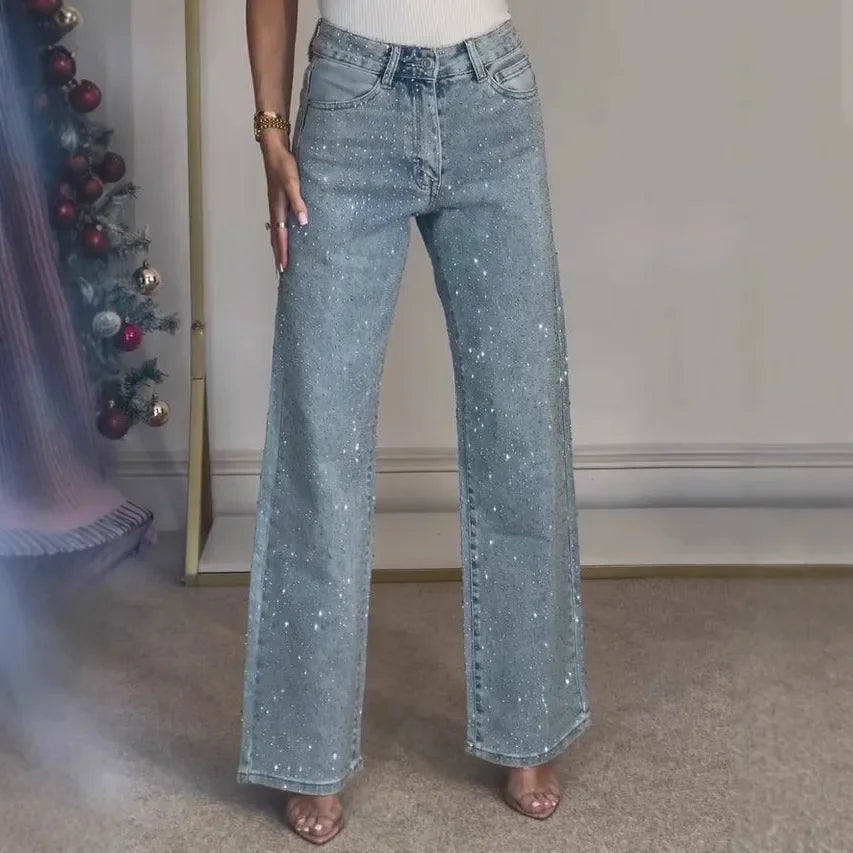 Damen-Jeans mit geradem Bein und Diamantbesatz – High-Waist-Stretch-Mom-Jeans, Vintage-Waschung