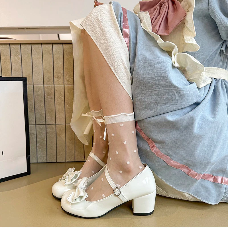 Niedliche Lolita Mary Jane Schuhe für Damen – Lederschuhe mit Schmetterlingsknoten und dickem Absatz