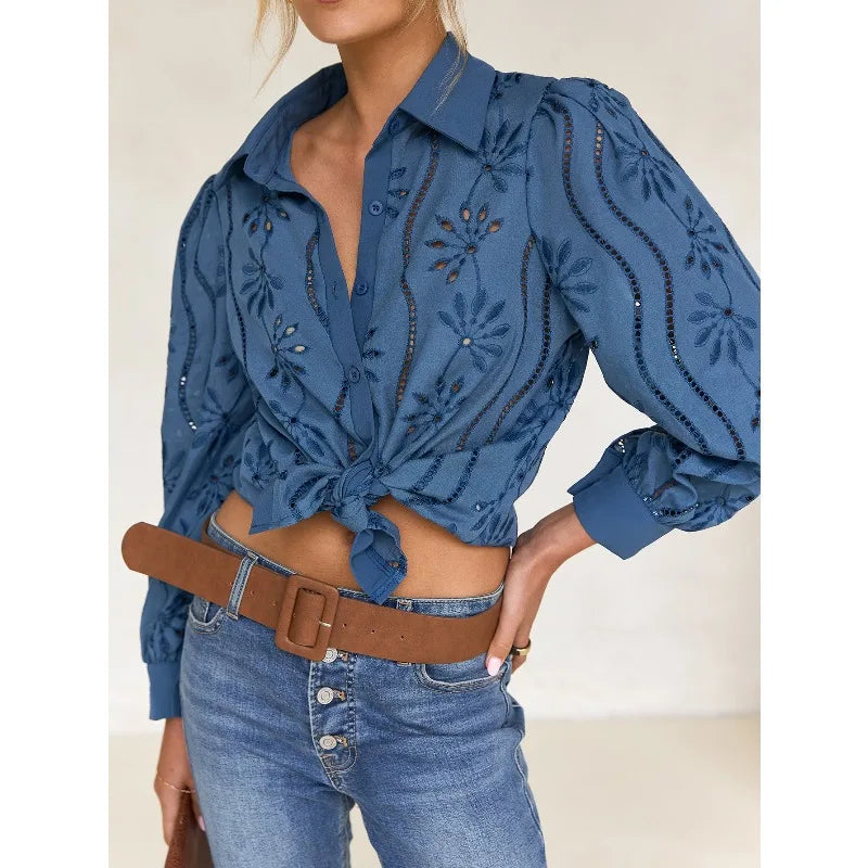 Women’s Hollow-Out Puff Sleeve Blouse – Casual Loose Solid Shirt