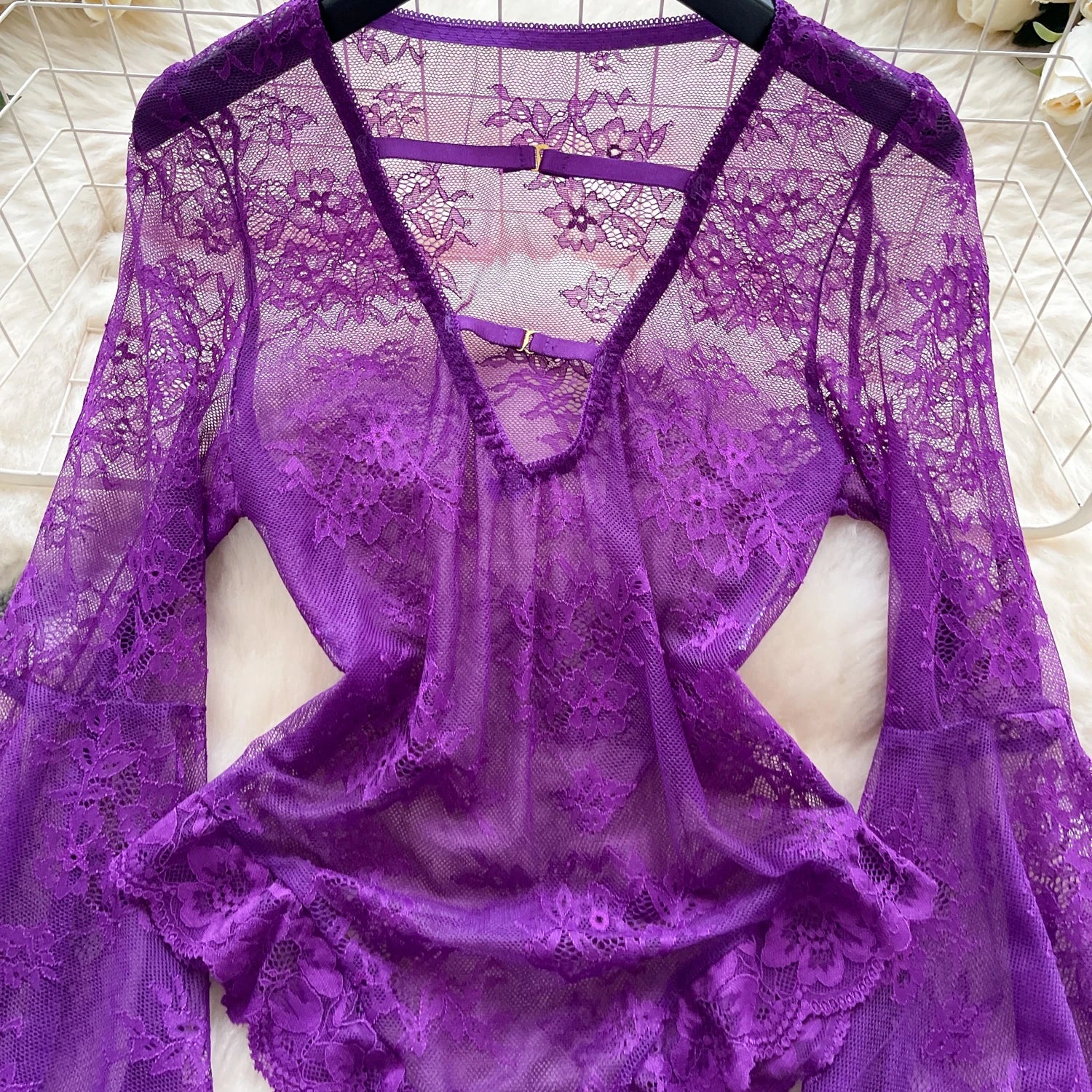 Sexy Deep V-Neck Lace Playsuit Long Flare Sleeve Hollow Out Open Crotch Bodysuit Romper