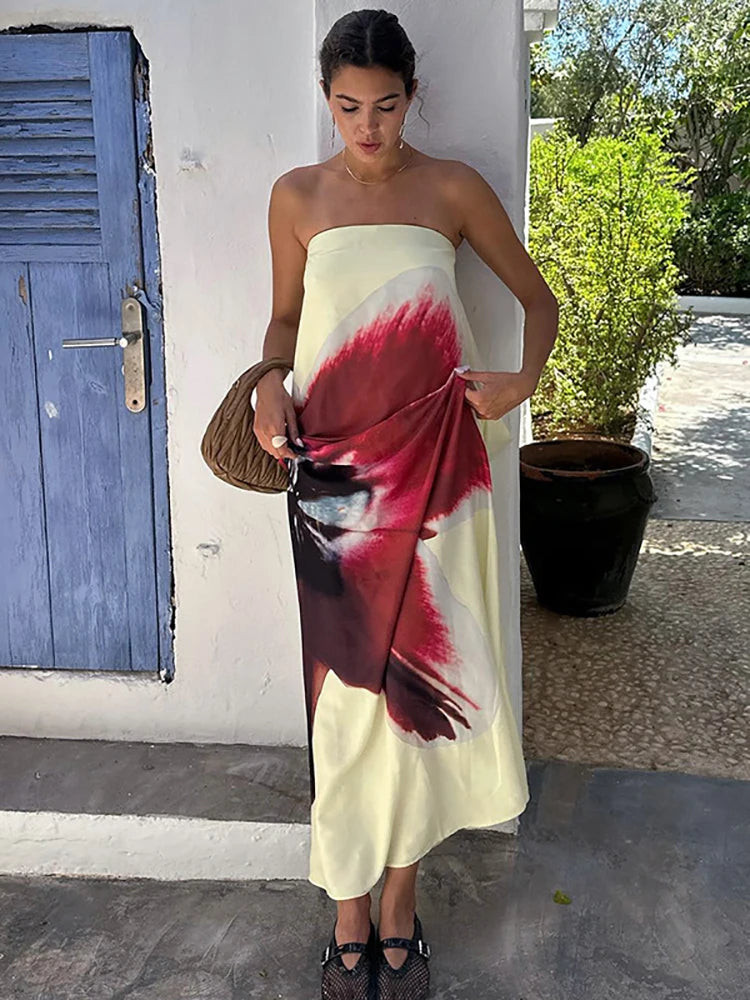 Damen Sexy Trägerloses Geblümtes Maxikleid – Rückenloses Sommerkleid mit Gürtel für den Urlaub
