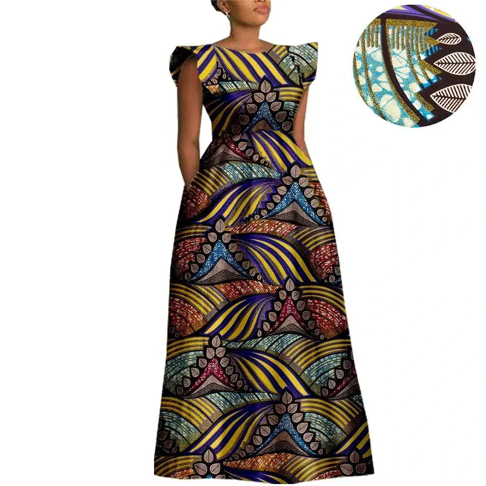 The "Heritage Queen" Floor-Length Gown: Bold Ankara Wax Cotton Dress with Short Sleeves
