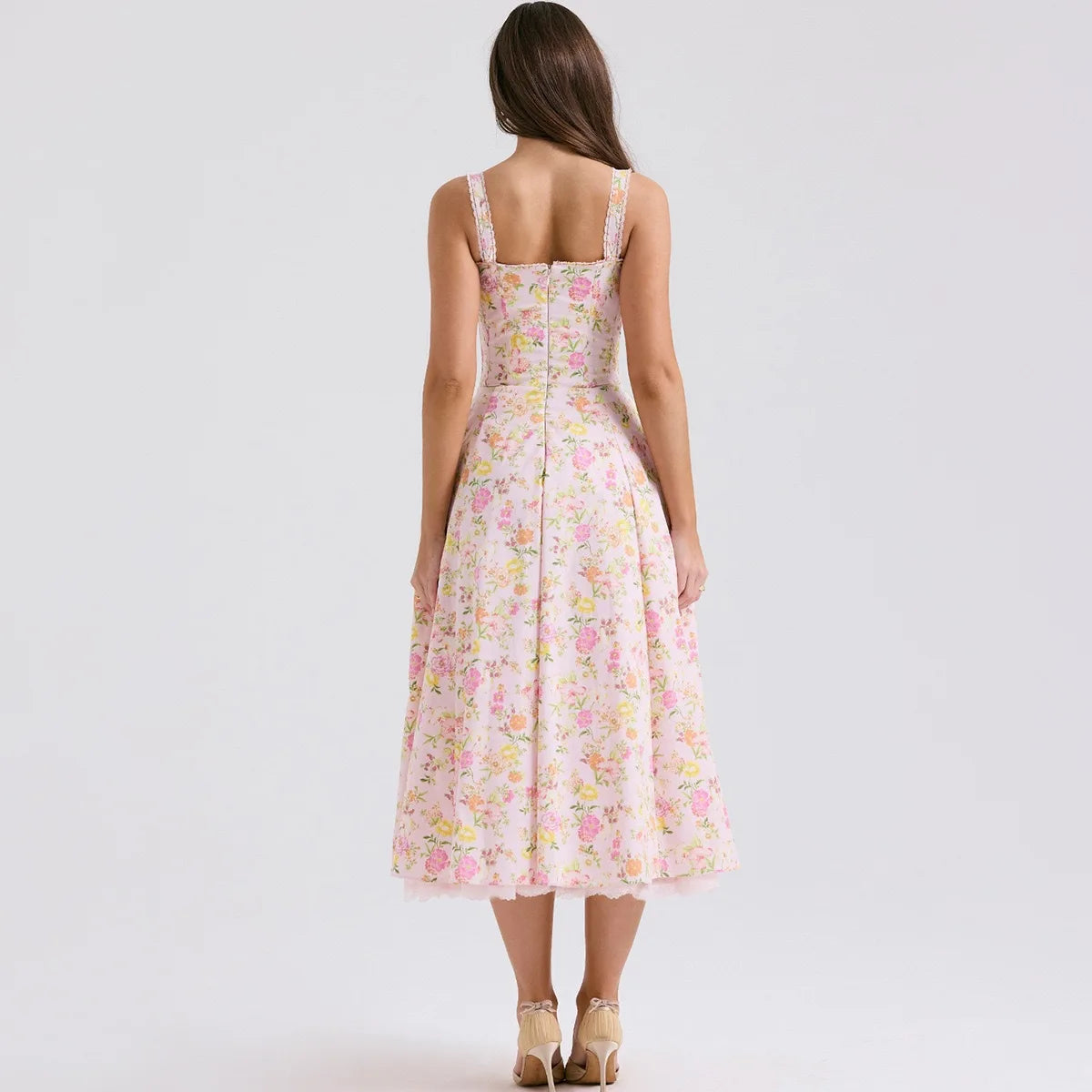 Women's Elegant Pink Floral Print Corset Dress
