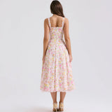 Women's Elegant Pink Floral Print Corset Dress