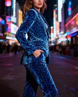 Women's Velvet Leopard Suit Set – 2-Piece Slim Fit Animal Print Tuxedo – Luxury One-Button Blazer & Flare Pants Set