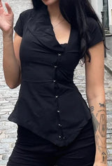 Vintage-Damen-Cropped-Bluse in Schwarz – Modisches Oberteil mit unregelmäßiger Knopfleiste, tailliertes Kurzarmhemd mit Revers