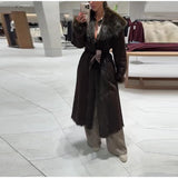 Braune Faux-Fur-Patchwork-Langjacke für Damen – Eleganter Gürtel-Schnür-Mantel