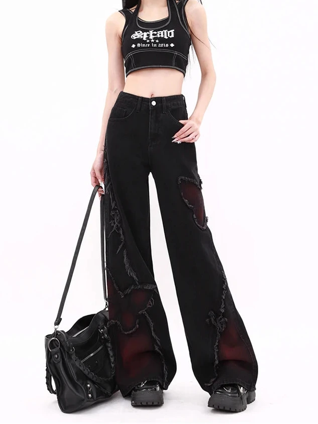 Damen Harajuku Y2K Baggy Jeans | Ästhetische Jeanshose mit Schmetterlings-Print