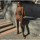 Plaid Women’s Zipper Jacket & High-Waist Pockets Shorts Spring Lady Office Suit Set